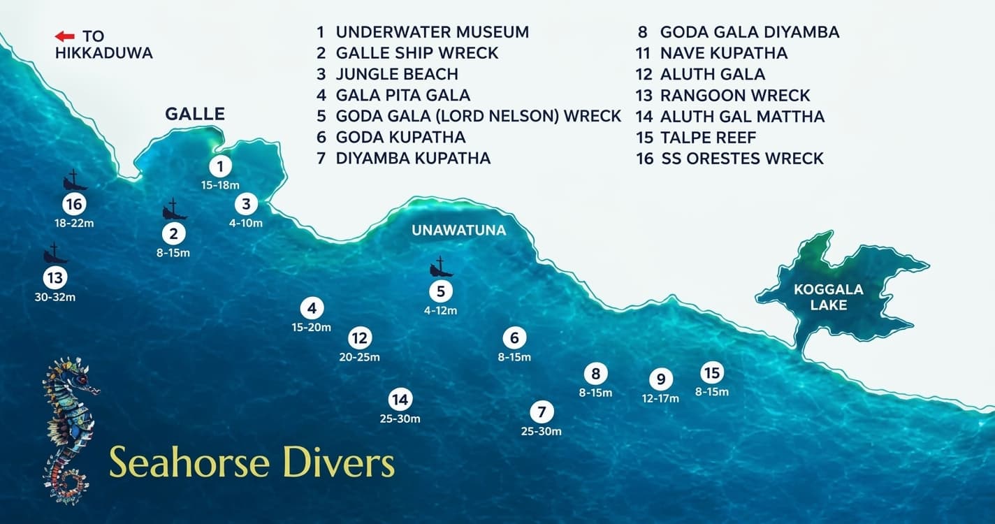 Illustrated map of the coast from Galle to Koggala Lake showing numbered dive sites with depths: the Underwater Museum, Galle Ship Wreck, Jungle Beach, Gala Pita Gala, the Lord Nelson wreck, Goda Kupatha, Diyamba Kupatha, Goda Gala Diyamba, Nave Kupatha, Aluth Gala, Rangoon Wreck, Aluth Gal Mattha, Talpe Reef and the SS Orestes wreck.