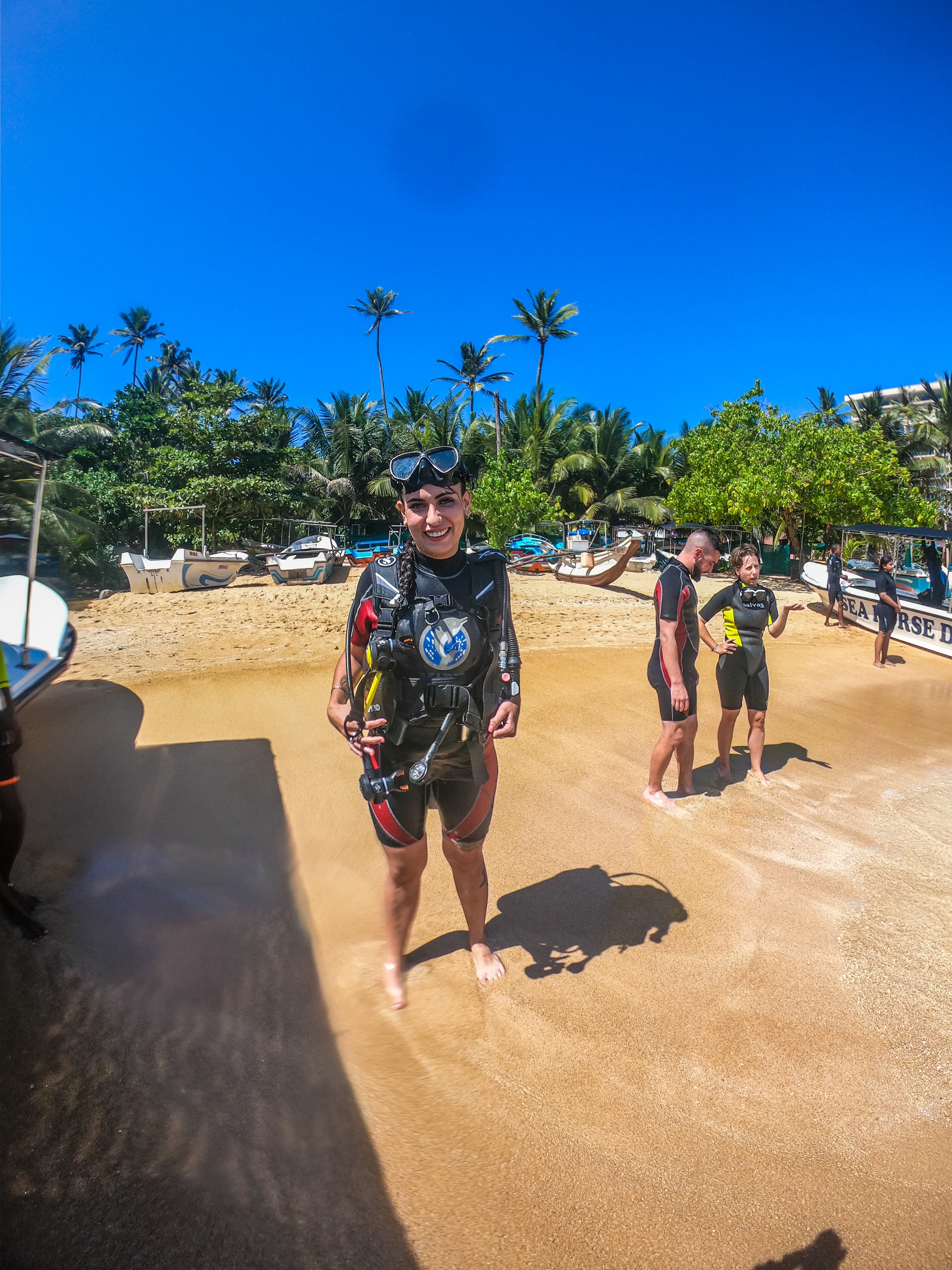 Diver in full gear on the palm-lined beach in front of Seahorse Dive Center